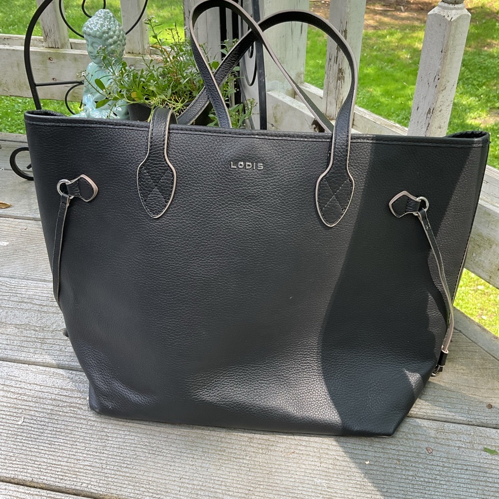 Lodis Black Leather Large Tote Bag w/small Lodis flower bag